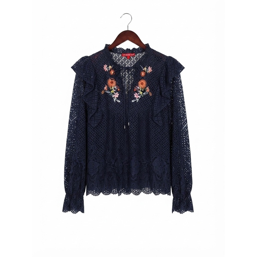 Vivienne Tam Y2K Navy Lace Boho Chic Embroidered Ruffle Blouse Floral Mesh